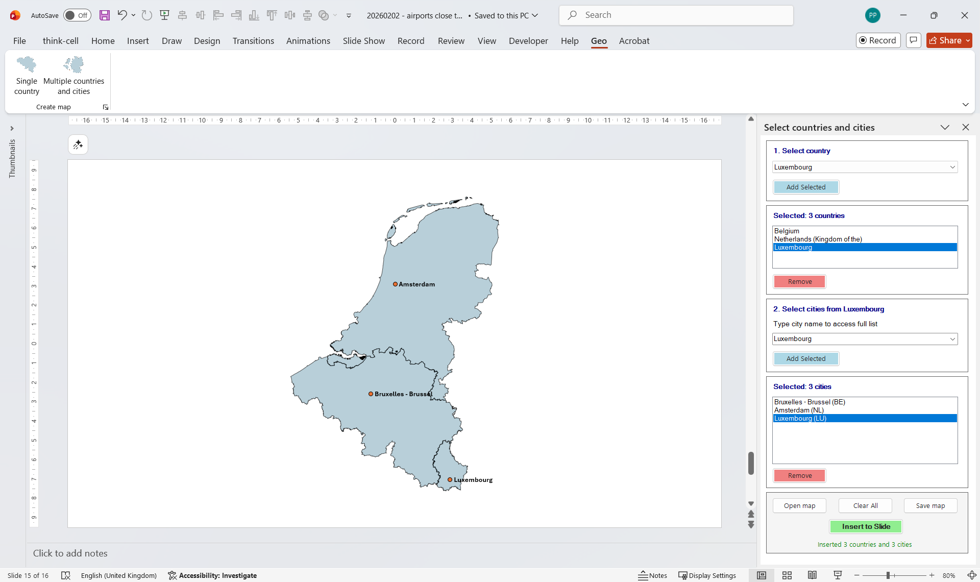GeoAddIn panel showing Benelux countries selected with Amsterdam, Brussels and Luxembourg city markers on the slide