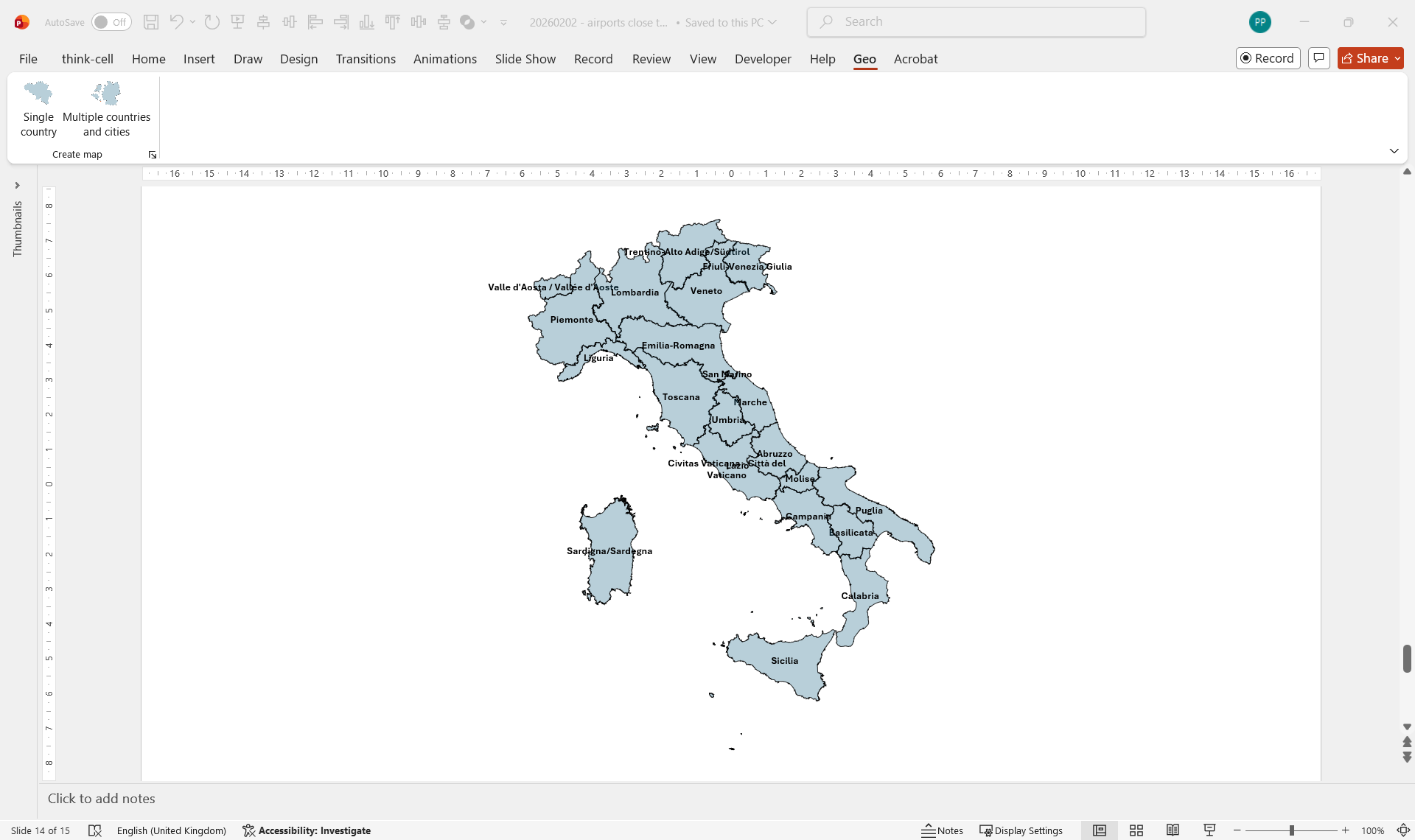 Map of Italy showing all 20 regions with their names labeled inside each territory
