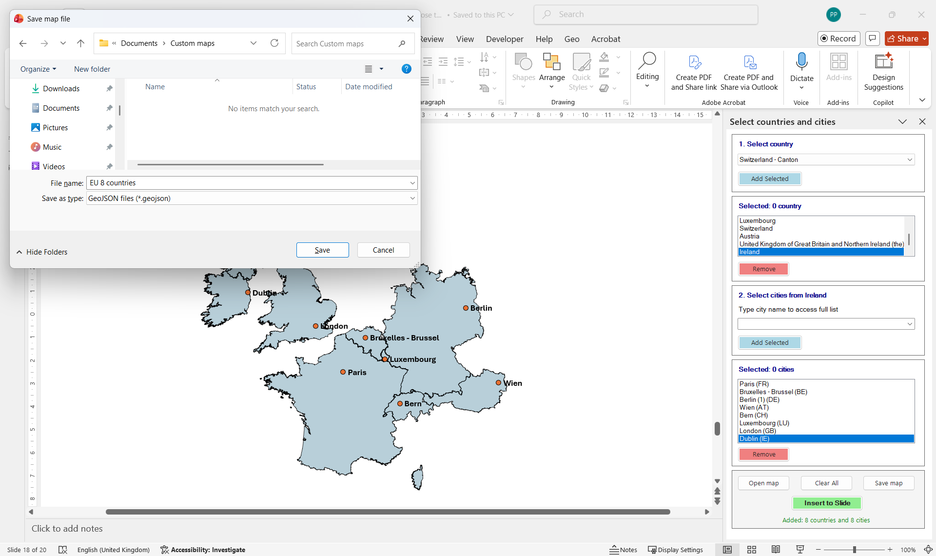 Save map file dialog showing a map configuration being saved as a GeoJSON file for later reuse