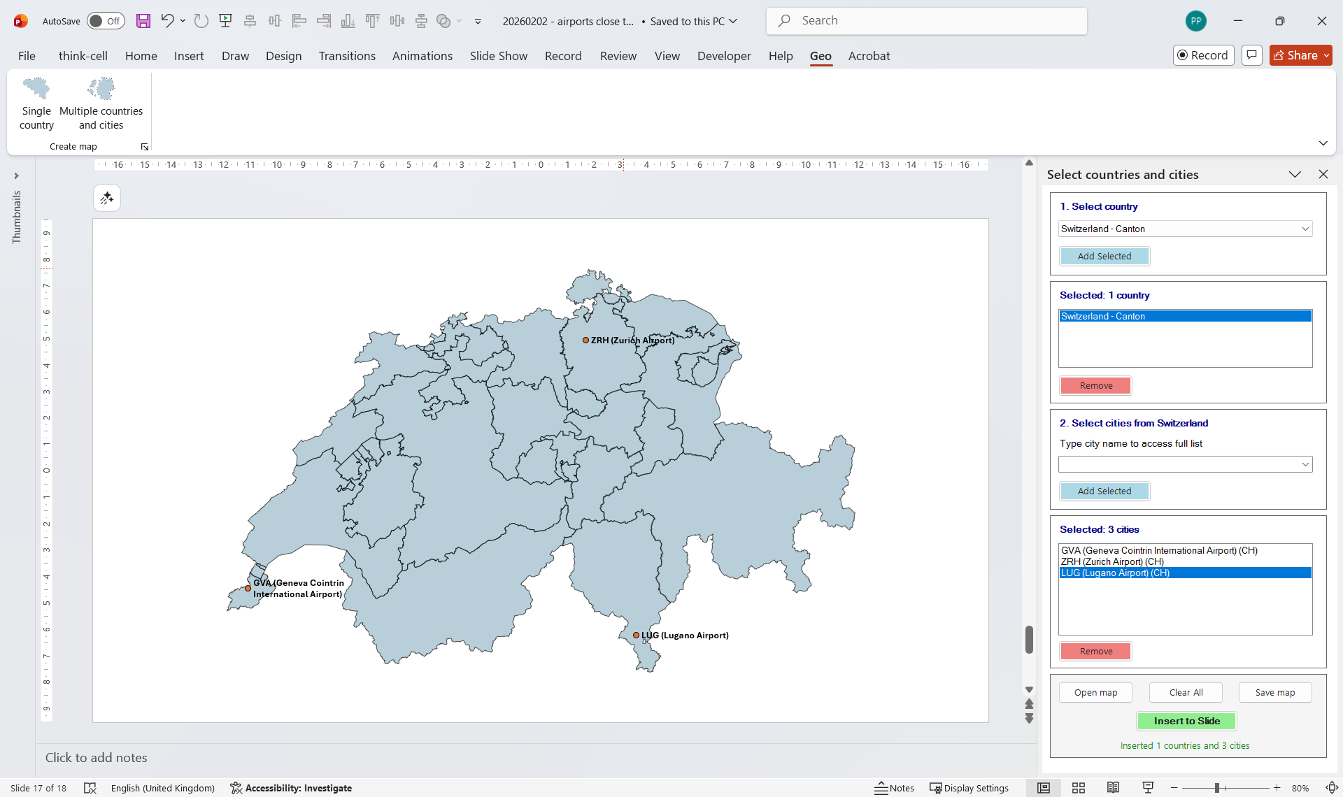 Map of Swiss cantons with Zurich, Geneva and Lugano airport markers plotted on the slide